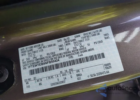 2022 Ford F-150 Xlt из США, поврежденный, VIN 1FTEW1EB9NFB50424